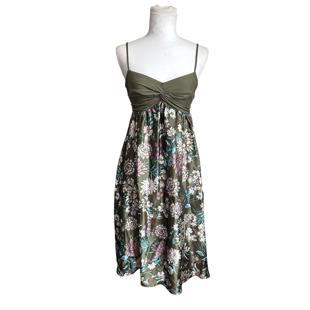 Vintage Y2K Donna Morgan Silk Green Babydoll Floral Dress Empire Waist Fairy 6
